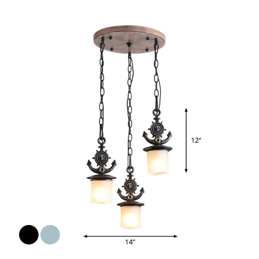 Dimpled Glass Cylindrical Multi Pendant Modern 3 Heads Down Lighting with Anchor Chain in Black/Blue, Linear/Round Canopy Clearhalo 'Ceiling Lights' 'Close To Ceiling Lights' 'Glass shade' 'Glass' 'Pendant Lights' 'Pendants' Lighting' 1867073