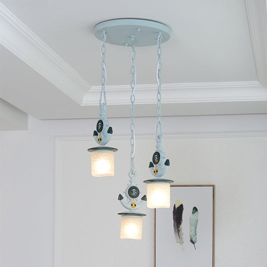 Dimpled Glass Cylindrical Multi Pendant Modern 3 Heads Down Lighting with Anchor Chain in Black/Blue, Linear/Round Canopy Blue Round Clearhalo 'Ceiling Lights' 'Close To Ceiling Lights' 'Glass shade' 'Glass' 'Pendant Lights' 'Pendants' Lighting' 1867074