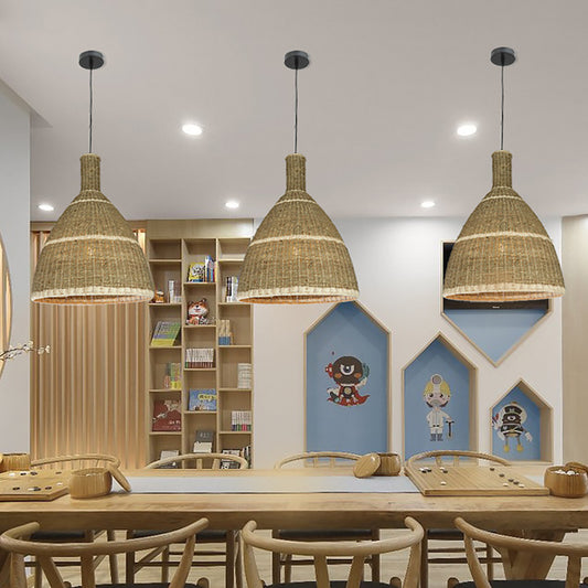 Warehouse 1 Light Hanging Lamp Kit Beige Conic Down Lighting Pendant with Rattan Shade Clearhalo 'Ceiling Lights' 'Pendant Lights' 'Pendants' Lighting' 1867128
