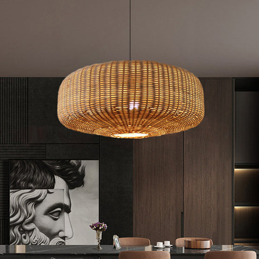 Asian 1 Bulb Hanging Light Kit Beige Woven Round Cage Suspension Lamp with Rattan Shade Clearhalo 'Ceiling Lights' 'Pendant Lights' 'Pendants' Lighting' 1867135