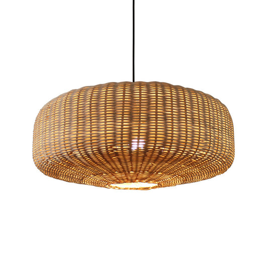 Asian 1 Bulb Hanging Light Kit Beige Woven Round Cage Suspension Lamp with Rattan Shade Clearhalo 'Ceiling Lights' 'Pendant Lights' 'Pendants' Lighting' 1867137