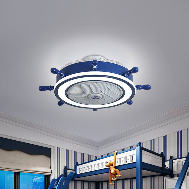 Rudder Metal Hanging Fan Lamp Kids LED Blue Semi Flush Mount Light Fixture, 25.5" Width Blue Clearhalo 'Ceiling Fans with Lights' 'Ceiling Fans' 'Kids Ceiling Fans' 'Kids' Lighting' 1867395