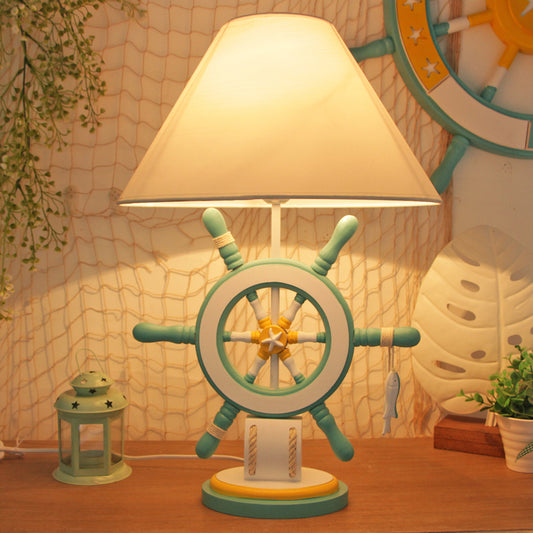 Rudder Resin Task Light Children Single Head Pink/Green Desk Lamp with Barrel White Fabric Shade Green Clearhalo 'Lamps' 'Table Lamps' Lighting' 1867415