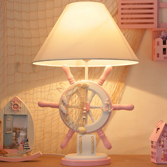Rudder Resin Task Light Children Single Head Pink/Green Desk Lamp with Barrel White Fabric Shade Pink Clearhalo 'Lamps' 'Table Lamps' Lighting' 1867419