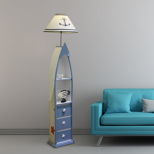 Barrel Fabric Stand Up Lamp Kids Single Bulb White Floor Standing Lamp with Blue Wooden Shelf Blue Clearhalo 'Floor Lamps' 'Lamps' Lighting' 1867423