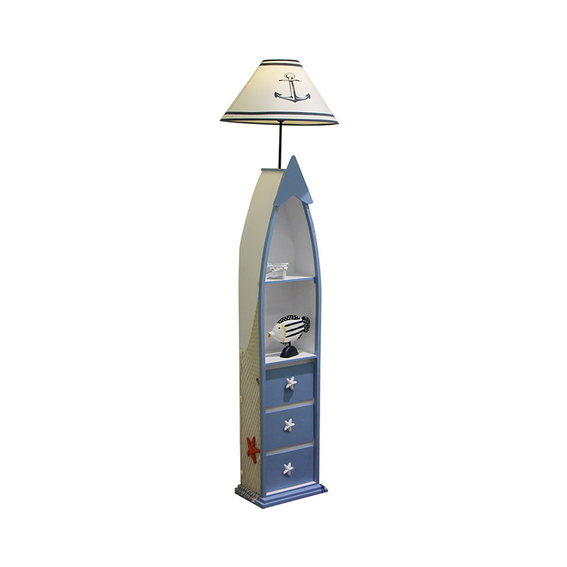 Barrel Fabric Stand Up Lamp Kids Single Bulb White Floor Standing Lamp with Blue Wooden Shelf Clearhalo 'Floor Lamps' 'Lamps' Lighting' 1867424