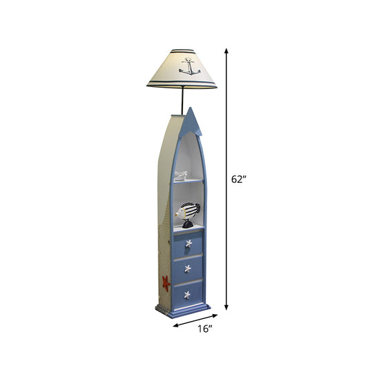 Barrel Fabric Stand Up Lamp Kids Single Bulb White Floor Standing Lamp with Blue Wooden Shelf Clearhalo 'Floor Lamps' 'Lamps' Lighting' 1867426