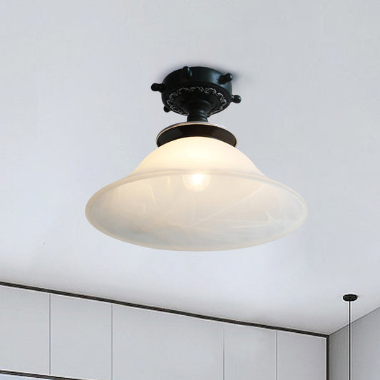 Bell Ceiling Lighting Nautical Opaline Glass 1 Bulb Hallway Semi Flush Mount Light in Black/White/Blue Black Clearhalo 'Ceiling Lights' 'Close To Ceiling Lights' 'Close to ceiling' 'Glass shade' 'Glass' 'Pendant Lights' 'Semi-flushmount' Lighting' 1867427