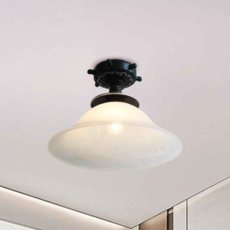 Bell Ceiling Lighting Nautical Opaline Glass 1 Bulb Hallway Semi Flush Mount Light in Black/White/Blue Clearhalo 'Ceiling Lights' 'Close To Ceiling Lights' 'Close to ceiling' 'Glass shade' 'Glass' 'Pendant Lights' 'Semi-flushmount' Lighting' 1867428