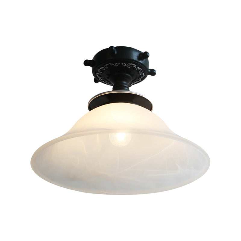 Bell Ceiling Lighting Nautical Opaline Glass 1 Bulb Hallway Semi Flush Mount Light in Black/White/Blue Clearhalo 'Ceiling Lights' 'Close To Ceiling Lights' 'Close to ceiling' 'Glass shade' 'Glass' 'Pendant Lights' 'Semi-flushmount' Lighting' 1867429