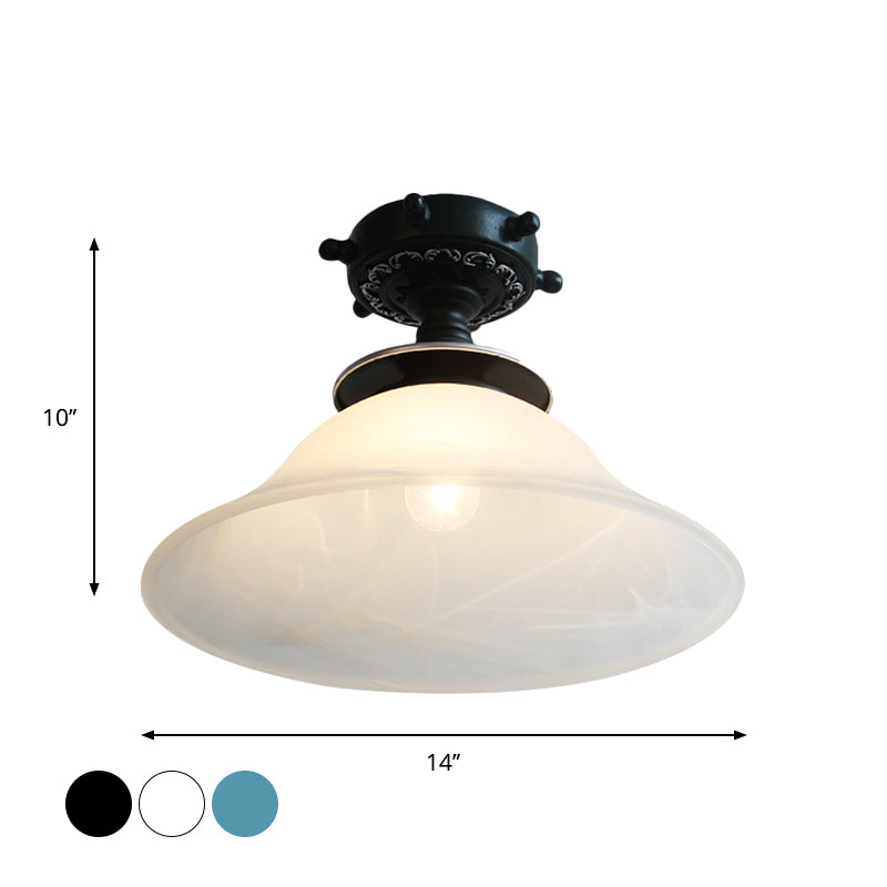 Bell Ceiling Lighting Nautical Opaline Glass 1 Bulb Hallway Semi Flush Mount Light in Black/White/Blue Clearhalo 'Ceiling Lights' 'Close To Ceiling Lights' 'Close to ceiling' 'Glass shade' 'Glass' 'Pendant Lights' 'Semi-flushmount' Lighting' 1867430