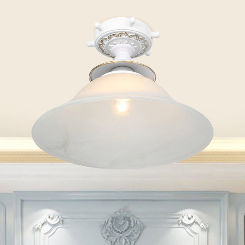 Bell Ceiling Lighting Nautical Opaline Glass 1 Bulb Hallway Semi Flush Mount Light in Black/White/Blue Clearhalo 'Ceiling Lights' 'Close To Ceiling Lights' 'Close to ceiling' 'Glass shade' 'Glass' 'Pendant Lights' 'Semi-flushmount' Lighting' 1867432
