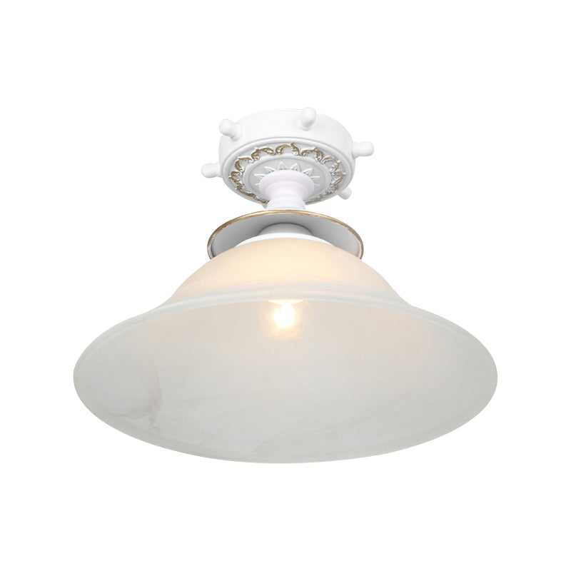 Bell Ceiling Lighting Nautical Opaline Glass 1 Bulb Hallway Semi Flush Mount Light in Black/White/Blue Clearhalo 'Ceiling Lights' 'Close To Ceiling Lights' 'Close to ceiling' 'Glass shade' 'Glass' 'Pendant Lights' 'Semi-flushmount' Lighting' 1867433