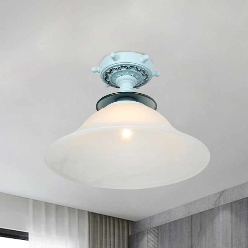 Bell Ceiling Lighting Nautical Opaline Glass 1 Bulb Hallway Semi Flush Mount Light in Black/White/Blue Clearhalo 'Ceiling Lights' 'Close To Ceiling Lights' 'Close to ceiling' 'Glass shade' 'Glass' 'Pendant Lights' 'Semi-flushmount' Lighting' 1867436