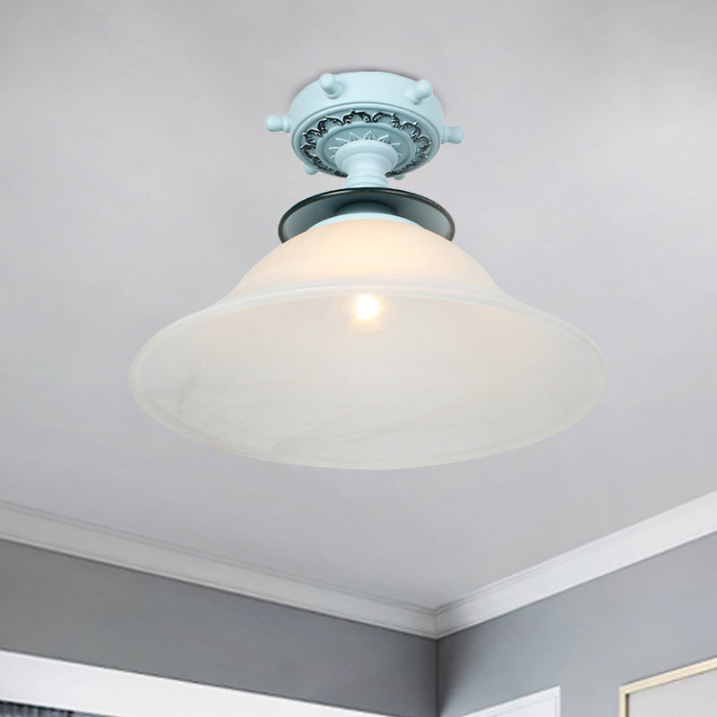 Bell Ceiling Lighting Nautical Opaline Glass 1 Bulb Hallway Semi Flush Mount Light in Black/White/Blue Clearhalo 'Ceiling Lights' 'Close To Ceiling Lights' 'Close to ceiling' 'Glass shade' 'Glass' 'Pendant Lights' 'Semi-flushmount' Lighting' 1867437