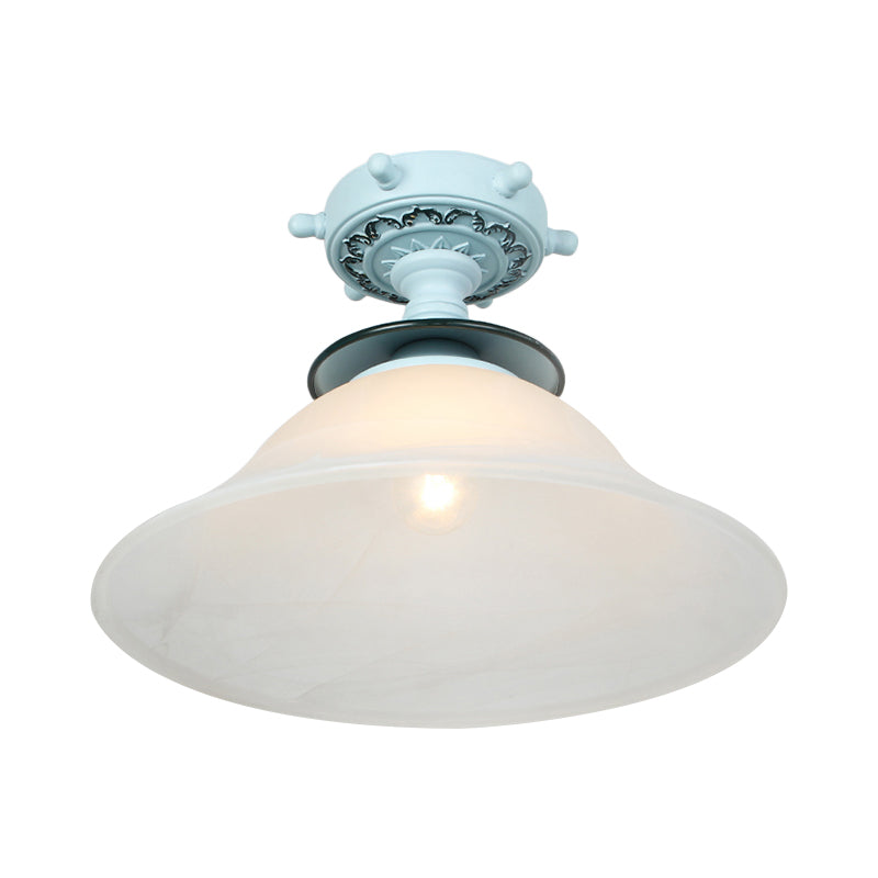 Bell Ceiling Lighting Nautical Opaline Glass 1 Bulb Hallway Semi Flush Mount Light in Black/White/Blue Clearhalo 'Ceiling Lights' 'Close To Ceiling Lights' 'Close to ceiling' 'Glass shade' 'Glass' 'Pendant Lights' 'Semi-flushmount' Lighting' 1867438