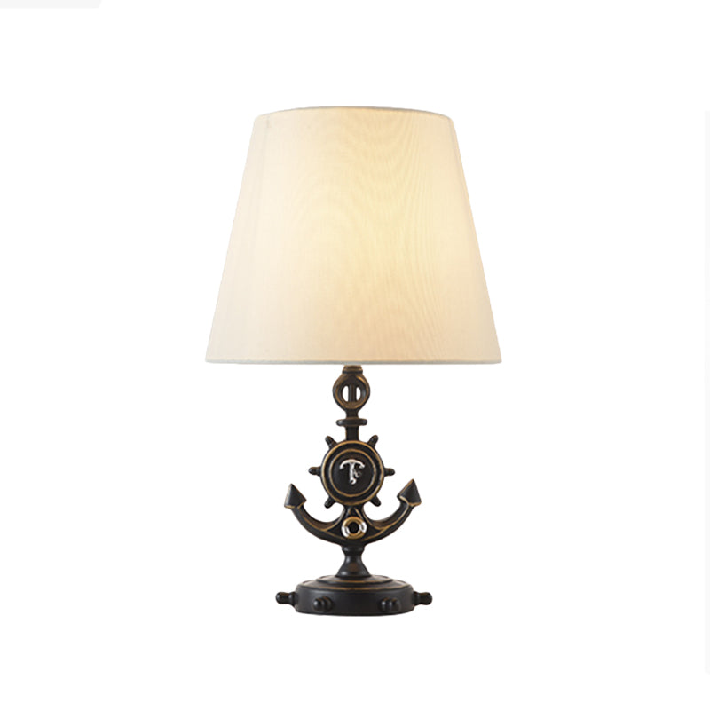 Nautical Cone Table Lamp Fabric 1 Light Study Room Night Lighting with Anchor Base and Rudder Pedestal in Black/Blue Clearhalo 'Lamps' 'Table Lamps' Lighting' 1867445