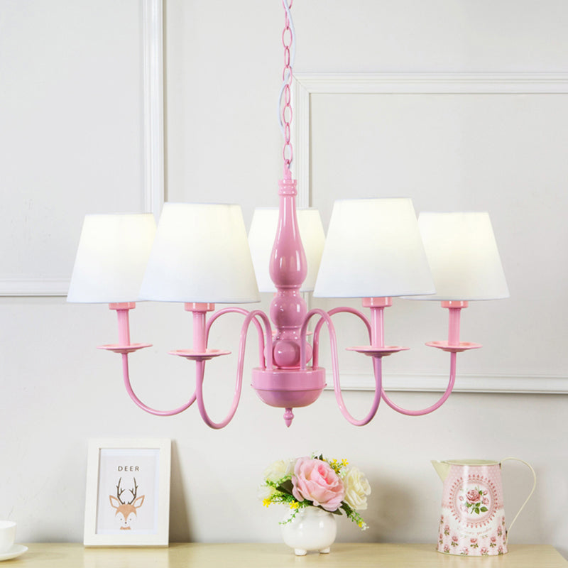 Tapered Shade Kindergarten Chandelier Metal 5 Heads Kids Hanging Light in Pink & White Clearhalo 'Ceiling Lights' 'Chandeliers' 'Close To Ceiling Lights' 'Glass shade' 'Glass' Lighting' 186747