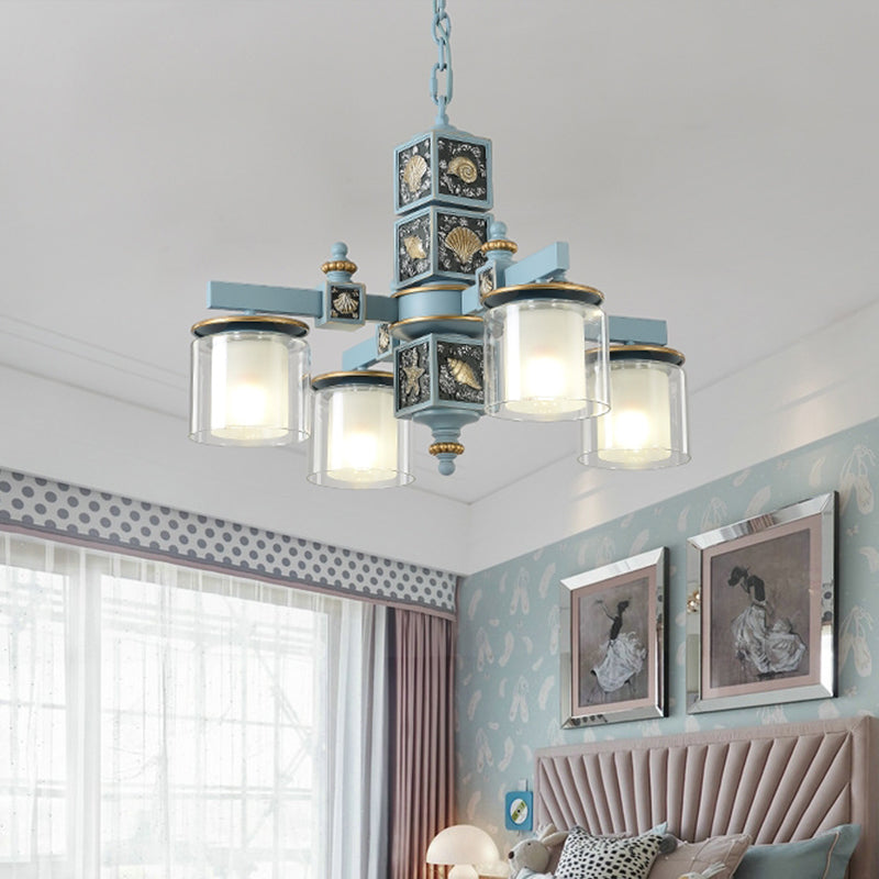 Sky/Light Blue Dual Cylinder Chandelier Nordic 4 Bulbs Clear and Opal Glass Down Lighting with Conch Design Clearhalo 'Ceiling Lights' 'Chandeliers' Lighting' options 1867594