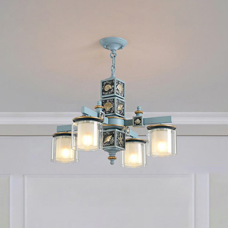 Sky/Light Blue Dual Cylinder Chandelier Nordic 4 Bulbs Clear and Opal Glass Down Lighting with Conch Design Clearhalo 'Ceiling Lights' 'Chandeliers' Lighting' options 1867595
