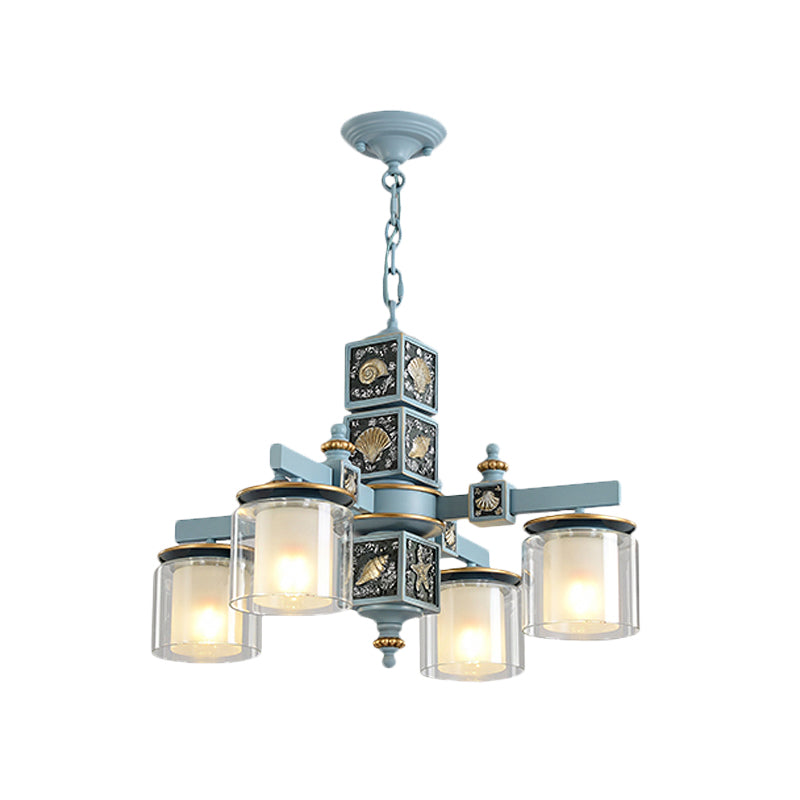 Sky/Light Blue Dual Cylinder Chandelier Nordic 4 Bulbs Clear and Opal Glass Down Lighting with Conch Design Clearhalo 'Ceiling Lights' 'Chandeliers' Lighting' options 1867596
