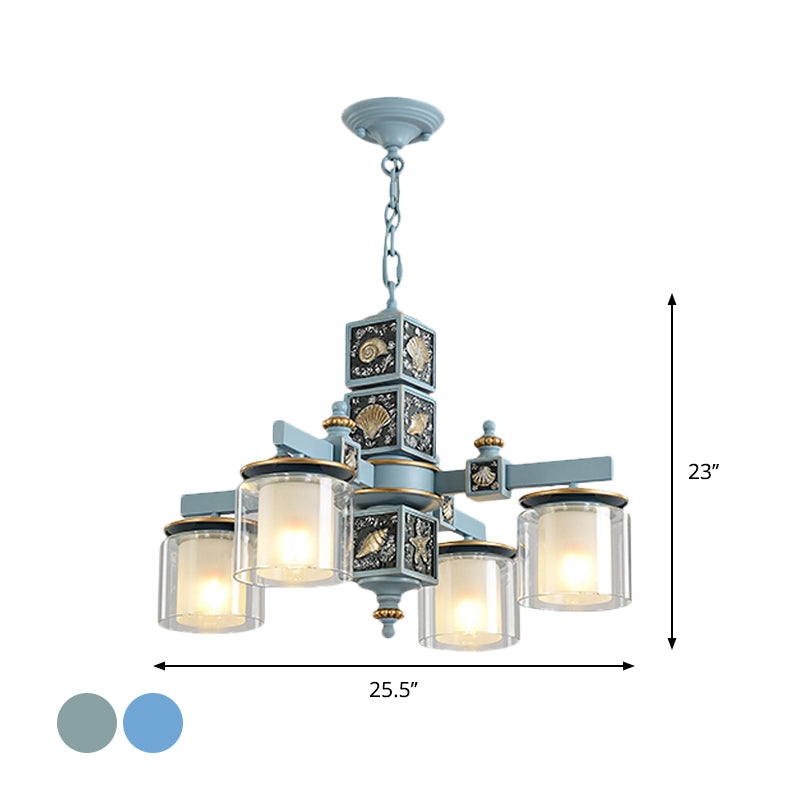 Sky/Light Blue Dual Cylinder Chandelier Nordic 4 Bulbs Clear and Opal Glass Down Lighting with Conch Design Clearhalo 'Ceiling Lights' 'Chandeliers' Lighting' options 1867597