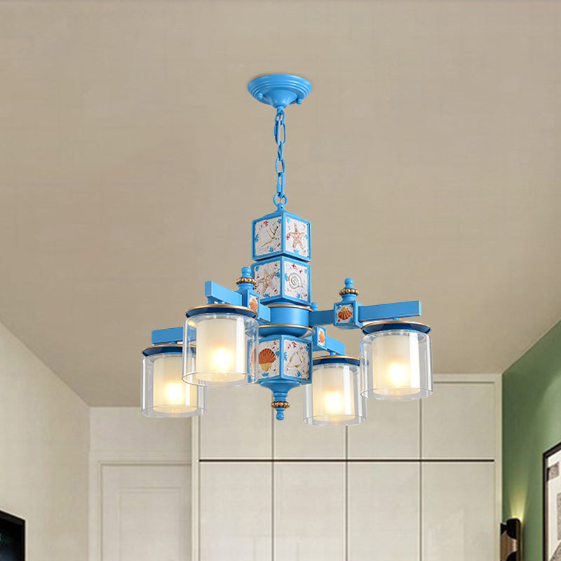 Sky/Light Blue Dual Cylinder Chandelier Nordic 4 Bulbs Clear and Opal Glass Down Lighting with Conch Design Sky Blue Clearhalo 'Ceiling Lights' 'Chandeliers' Lighting' options 1867598_24d98f34-b384-4d78-a618-fd5ade0b9a79