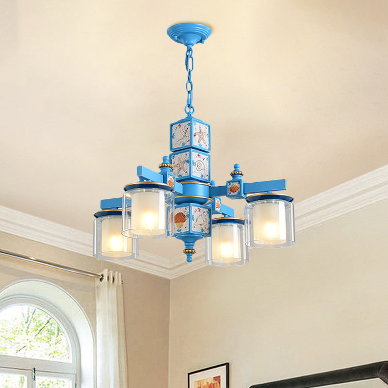 Sky/Light Blue Dual Cylinder Chandelier Nordic 4 Bulbs Clear and Opal Glass Down Lighting with Conch Design Clearhalo 'Ceiling Lights' 'Chandeliers' Lighting' options 1867599