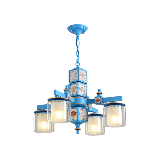 Sky/Light Blue Dual Cylinder Chandelier Nordic 4 Bulbs Clear and Opal Glass Down Lighting with Conch Design Clearhalo 'Ceiling Lights' 'Chandeliers' Lighting' options 1867600