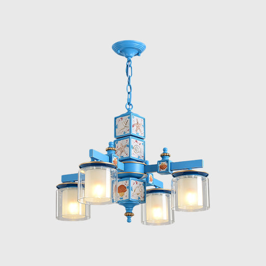 Sky/Light Blue Dual Cylinder Chandelier Nordic 4 Bulbs Clear and Opal Glass Down Lighting with Conch Design Clearhalo 'Ceiling Lights' 'Chandeliers' Lighting' options 1867601