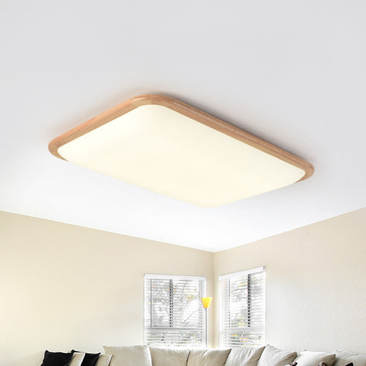 LED Parlor Ceiling Lamp Simple Beige Flush Mount Fixture with Square/Oblong Wood Shade in Warm/White Light, 14"/18"/23" W Beige 28" Clearhalo 'Ceiling Lights' 'Close To Ceiling Lights' 'Close to ceiling' 'Flush mount' Lighting' 1867608