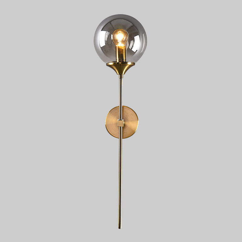 Simple Single Bulb Wall Mounted Lamp with Amber/Smoke Gray Glass Brass Sphere Sconce Light Fixture Clearhalo 'Cast Iron' 'Glass' 'Industrial' 'Modern wall lights' 'Modern' 'Tiffany' 'Traditional wall lights' 'Wall Lamps & Sconces' 'Wall Lights' Lighting' 1867652