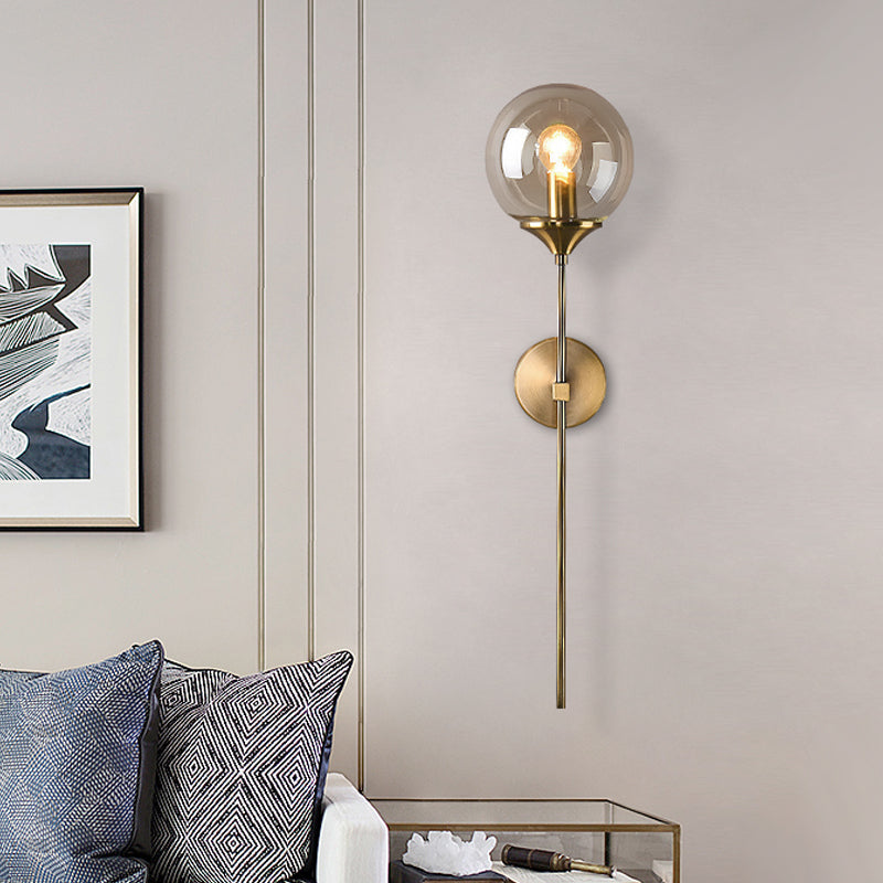 Simple Single Bulb Wall Mounted Lamp with Amber/Smoke Gray Glass Brass Sphere Sconce Light Fixture Amber Clearhalo 'Cast Iron' 'Glass' 'Industrial' 'Modern wall lights' 'Modern' 'Tiffany' 'Traditional wall lights' 'Wall Lamps & Sconces' 'Wall Lights' Lighting' 1867654