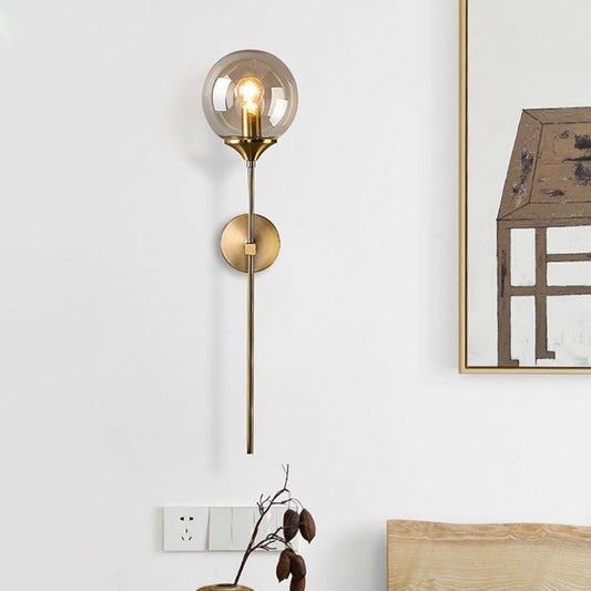 Simple Single Bulb Wall Mounted Lamp with Amber/Smoke Gray Glass Brass Sphere Sconce Light Fixture Clearhalo 'Cast Iron' 'Glass' 'Industrial' 'Modern wall lights' 'Modern' 'Tiffany' 'Traditional wall lights' 'Wall Lamps & Sconces' 'Wall Lights' Lighting' 1867655