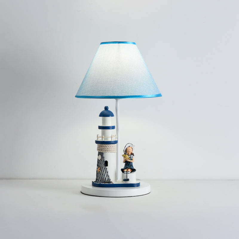 Barrel Shade Night Light Kids Fabric 1 Head Blue Table Lamp with Cartoon Girl/Boy and Lighthouse Decor Clearhalo 'Lamps' 'Table Lamps' Lighting' 1867663