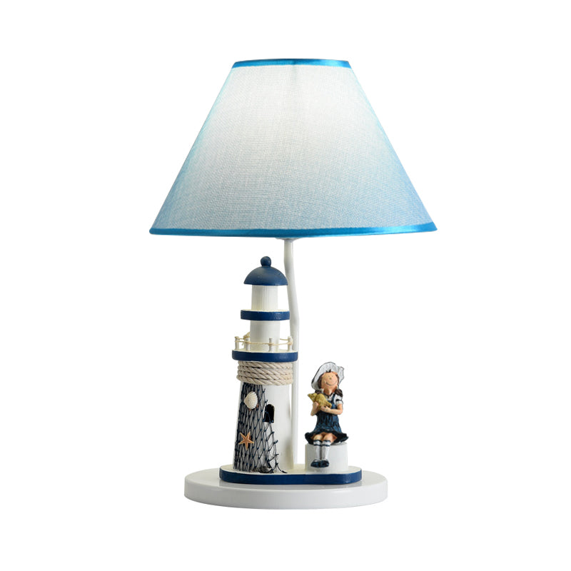 Barrel Shade Night Light Kids Fabric 1 Head Blue Table Lamp with Cartoon Girl/Boy and Lighthouse Decor Clearhalo 'Lamps' 'Table Lamps' Lighting' 1867664