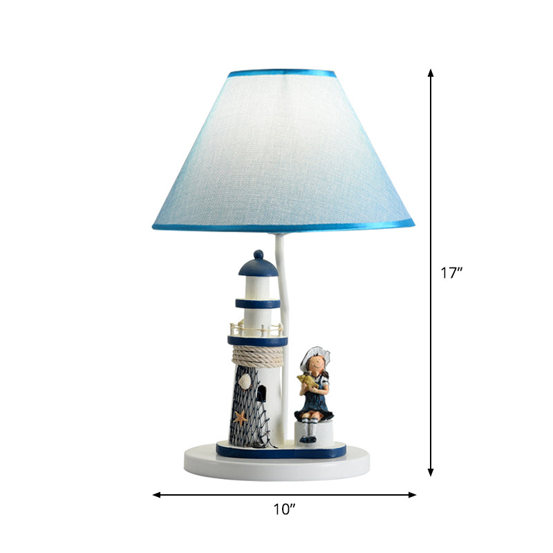 Barrel Shade Night Light Kids Fabric 1 Head Blue Table Lamp with Cartoon Girl/Boy and Lighthouse Decor Clearhalo 'Lamps' 'Table Lamps' Lighting' 1867665