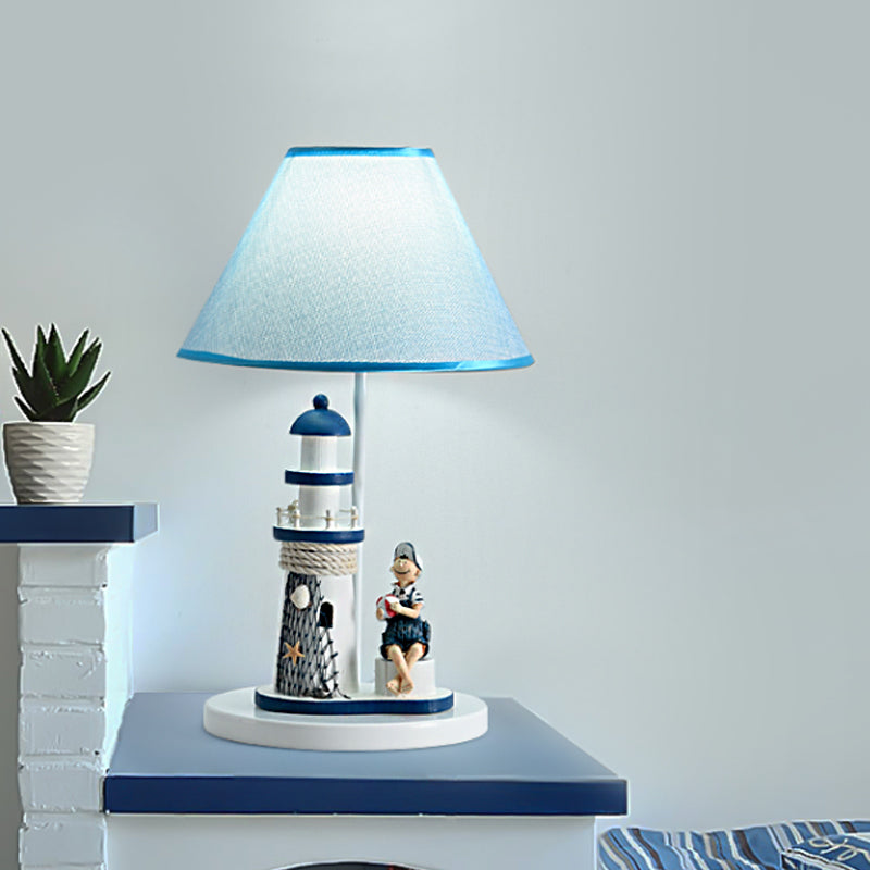 Barrel Shade Night Light Kids Fabric 1 Head Blue Table Lamp with Cartoon Girl/Boy and Lighthouse Decor Clearhalo 'Lamps' 'Table Lamps' Lighting' 1867667
