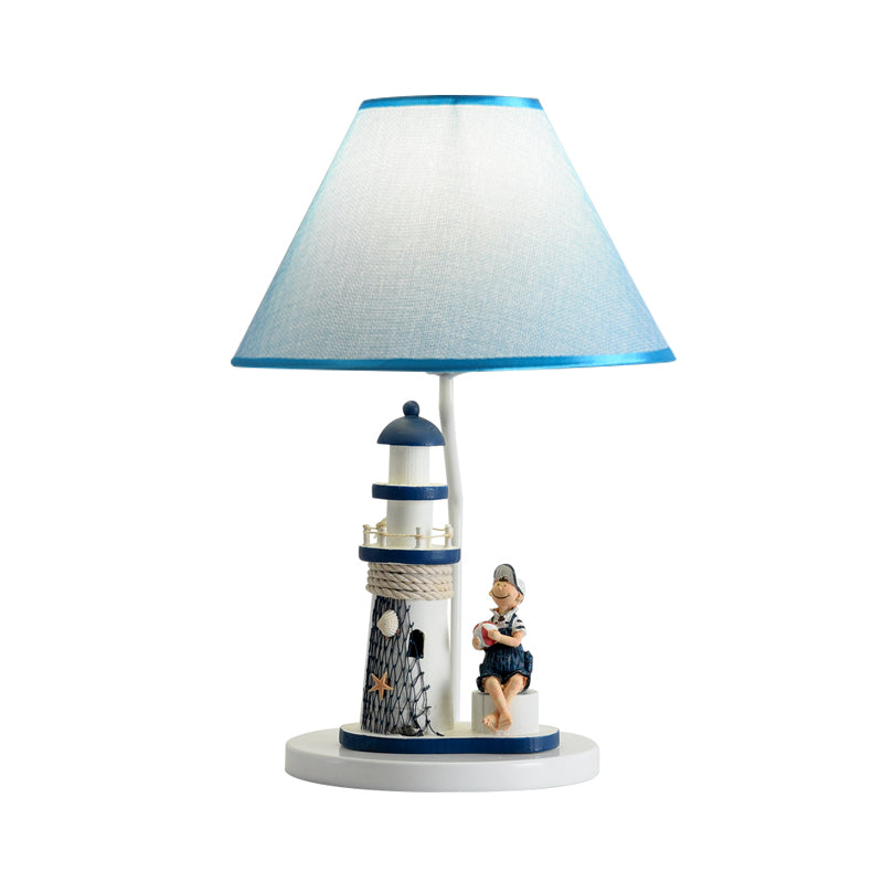 Barrel Shade Night Light Kids Fabric 1 Head Blue Table Lamp with Cartoon Girl/Boy and Lighthouse Decor Clearhalo 'Lamps' 'Table Lamps' Lighting' 1867669