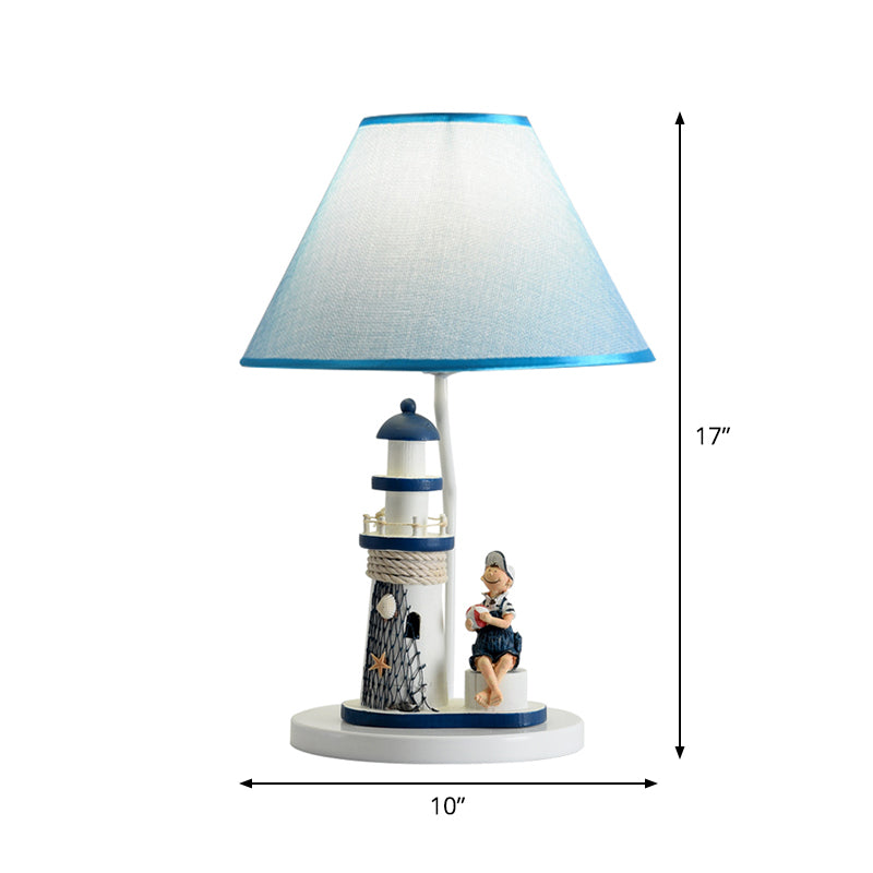 Barrel Shade Night Light Kids Fabric 1 Head Blue Table Lamp with Cartoon Girl/Boy and Lighthouse Decor Clearhalo 'Lamps' 'Table Lamps' Lighting' 1867670