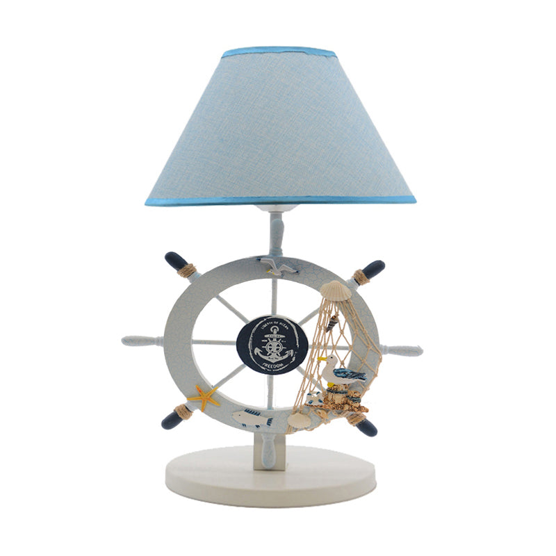 Fabric Cone Table Light Cartoon 1-Bulb Blue Nightstand Lighting with Wood Rudder Base Clearhalo 'Lamps' 'Table Lamps' Lighting' 1867797