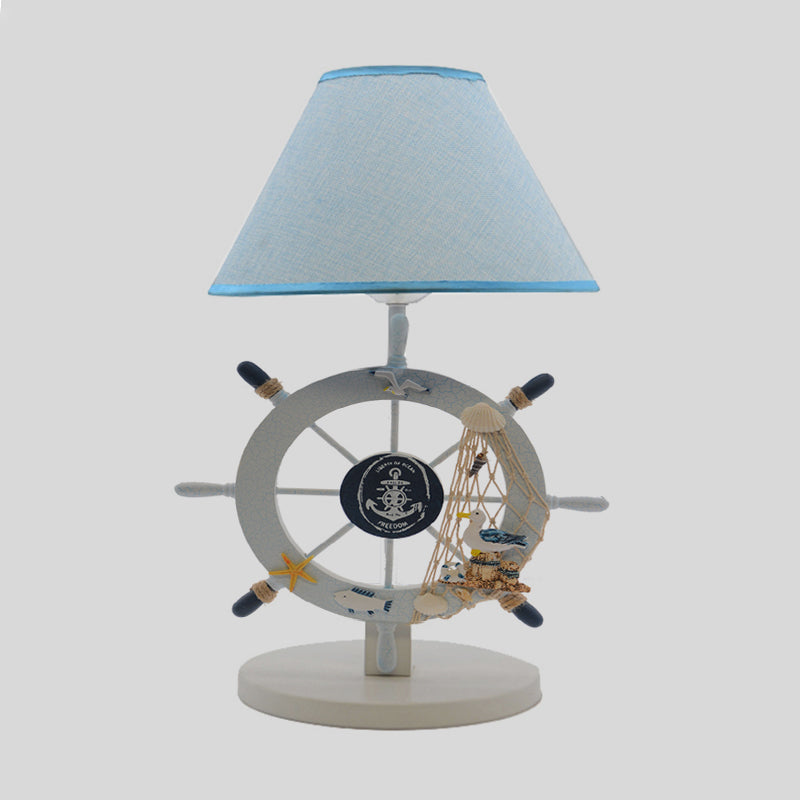 Fabric Cone Table Light Cartoon 1-Bulb Blue Nightstand Lighting with Wood Rudder Base Clearhalo 'Lamps' 'Table Lamps' Lighting' 1867798