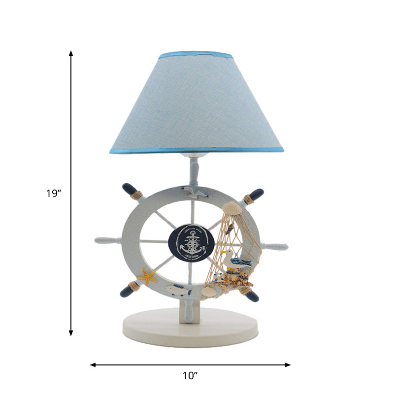 Fabric Cone Table Light Cartoon 1-Bulb Blue Nightstand Lighting with Wood Rudder Base Clearhalo 'Lamps' 'Table Lamps' Lighting' 1867799
