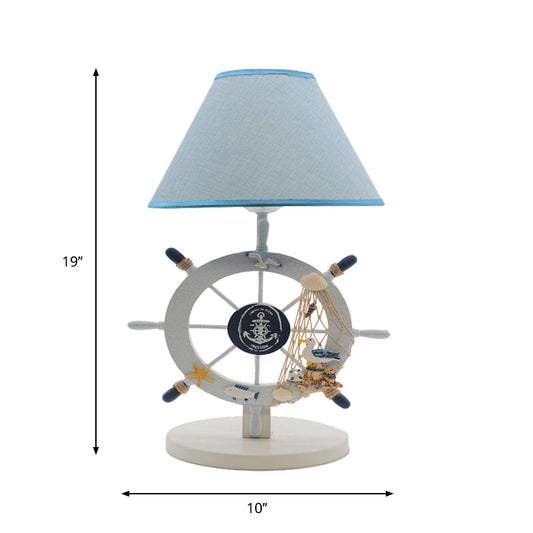 Fabric Cone Table Light Cartoon 1-Bulb Blue Nightstand Lighting with Wood Rudder Base Clearhalo 'Lamps' 'Table Lamps' Lighting' 1867799