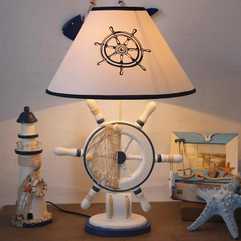 White Tapered Nightstand Lamp Kids 1 Light Fabric Table Lighting with Rudder/Lighthouse Base Clearhalo 'Lamps' 'Table Lamps' Lighting' 1867984