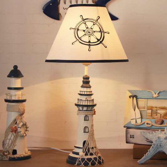 White Tapered Nightstand Lamp Kids 1 Light Fabric Table Lighting with Rudder/Lighthouse Base White A Clearhalo 'Lamps' 'Table Lamps' Lighting' 1867987