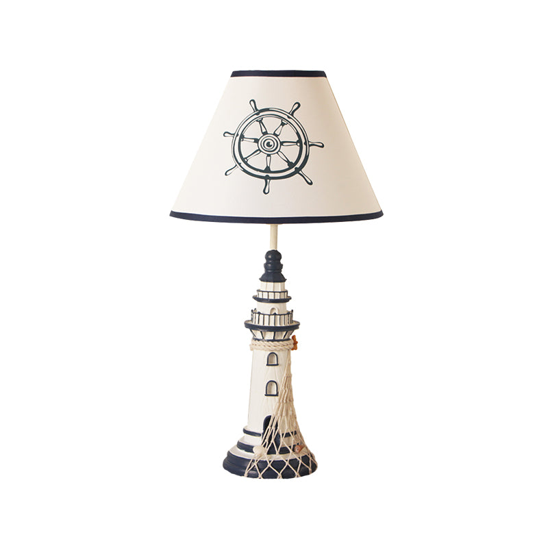 White Tapered Nightstand Lamp Kids 1 Light Fabric Table Lighting with Rudder/Lighthouse Base Clearhalo 'Lamps' 'Table Lamps' Lighting' 1867989