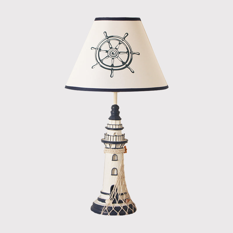 White Tapered Nightstand Lamp Kids 1 Light Fabric Table Lighting with Rudder/Lighthouse Base Clearhalo 'Lamps' 'Table Lamps' Lighting' 1867990