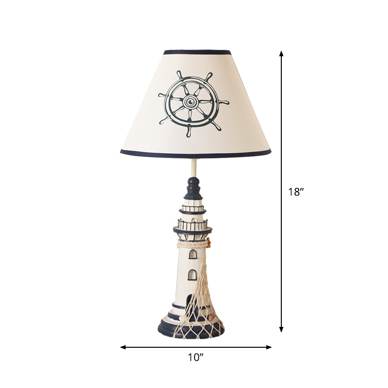 White Tapered Nightstand Lamp Kids 1 Light Fabric Table Lighting with Rudder/Lighthouse Base Clearhalo 'Lamps' 'Table Lamps' Lighting' 1867991
