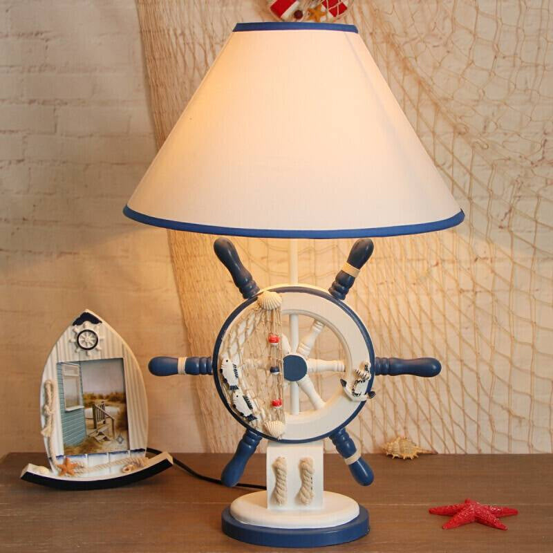 Resin Rudder Base Desk Lamp Children Single Bulb Blue Night Light with Cone White Fabric Shade Blue B Clearhalo 'Lamps' 'Table Lamps' Lighting' 1868047
